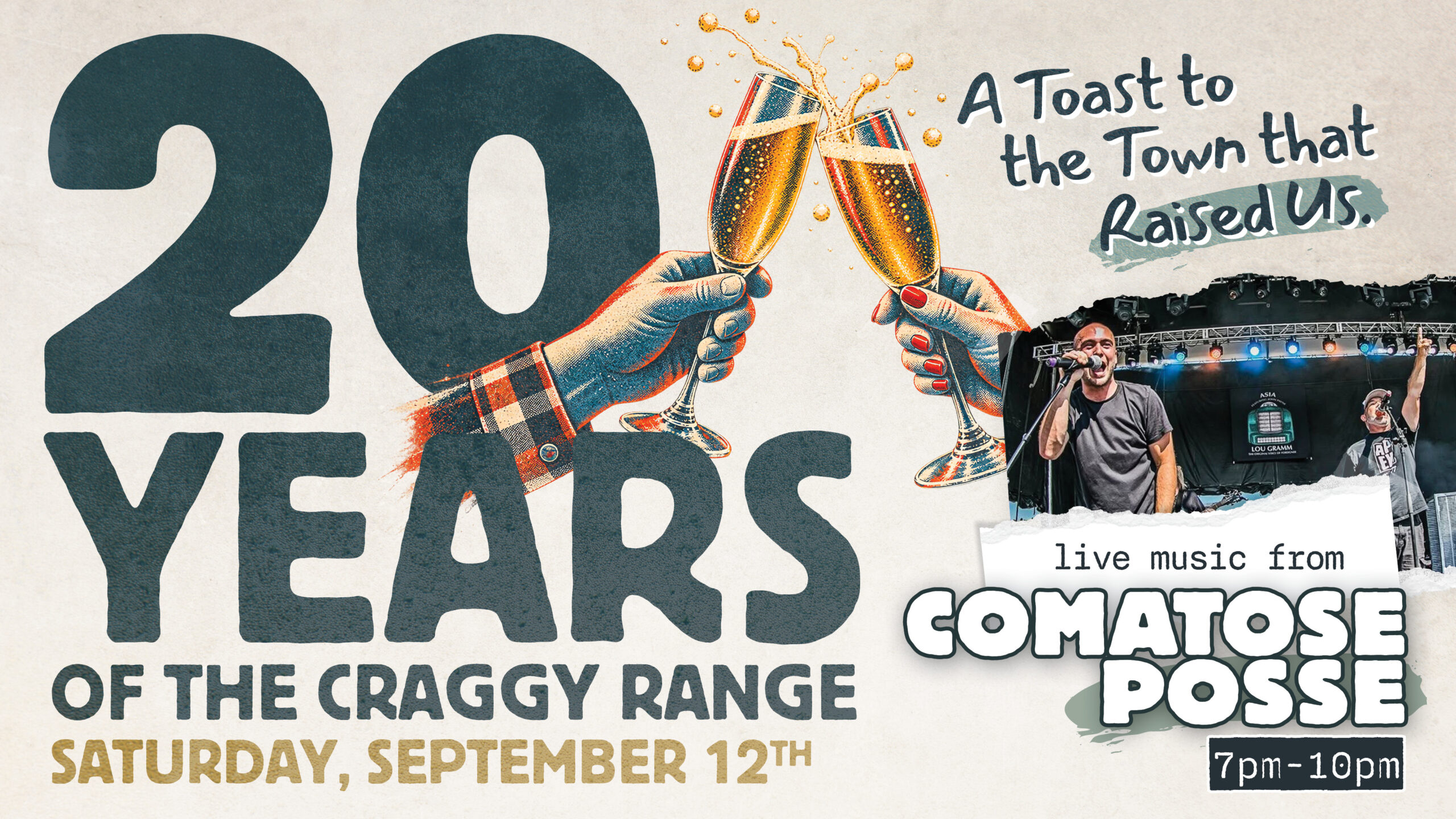 20th anniversary party on Saturday, September 12th. Live Music with Comatose Posse from 7-10pm on the patio